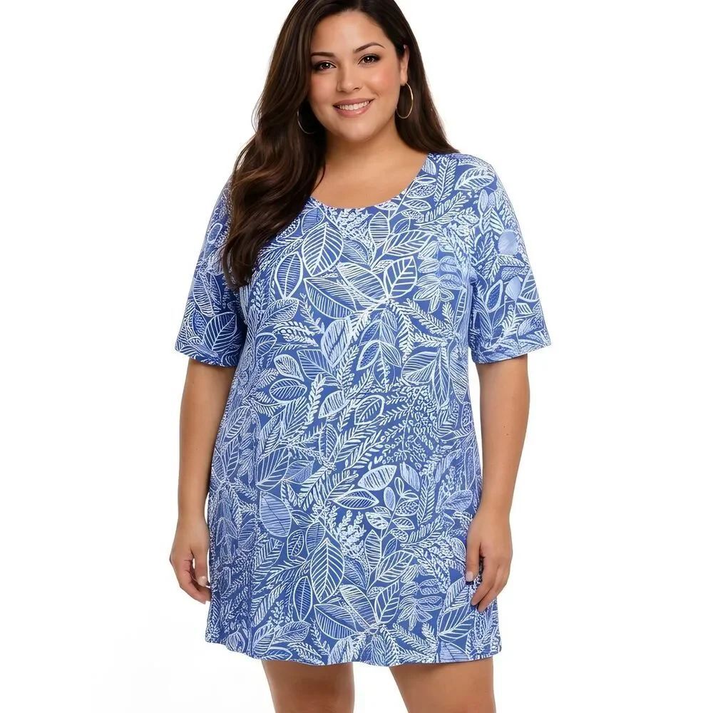 Ruby Rd. Blue & White Leaf Print Ladder-Cutout Sleeve Shift Dress Size 3X